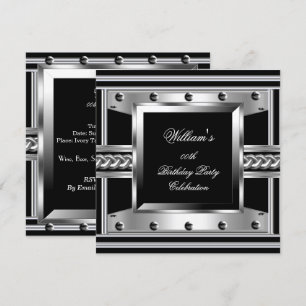 Invitación Cumpleaños de hombre negro plateado con tachuelas 