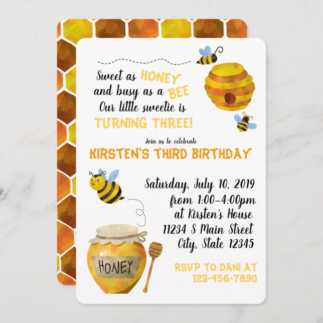 Invitación Cumpleaños de Honey Bee (Anverso / Reverso)