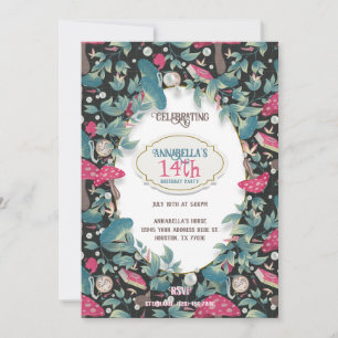 Invitación Cumpleaños de hongo Cottagecore Vintage Negro