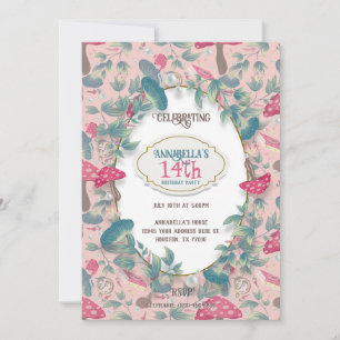 Invitación Cumpleaños de hongo Cottagecore vintage rosa