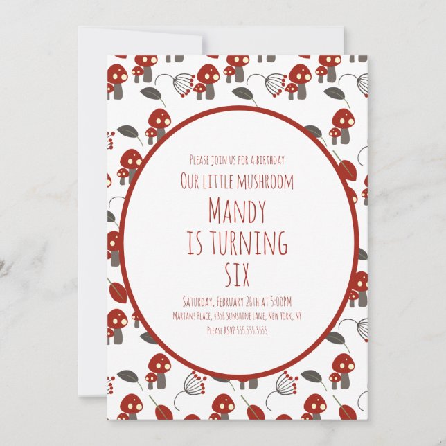 Invitación Cumpleaños de hongo lindo jardín rojo (Anverso)