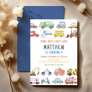 Invitación Cumpleaños de Honk Beep Choo Choo Tren Camiones Co