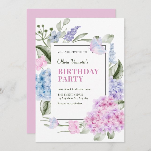 Invitación Cumpleaños de hortensia floral estética (Anverso / Reverso)