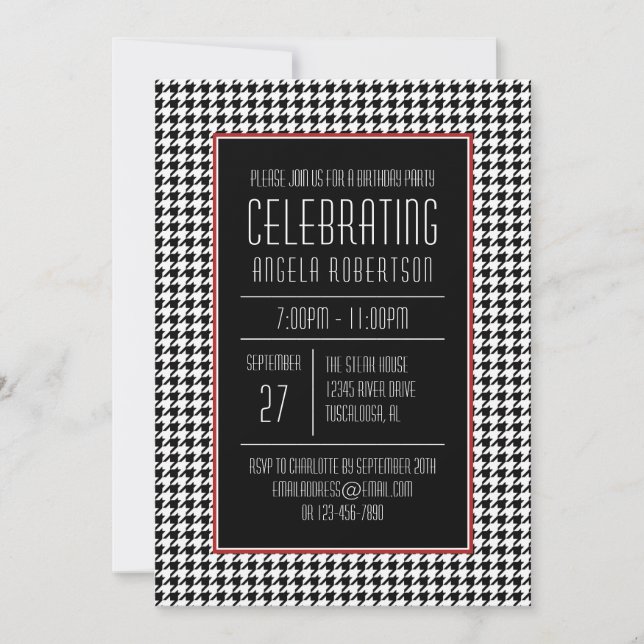 Invitación Cumpleaños de Houndstoth en blanco y negro (Anverso)