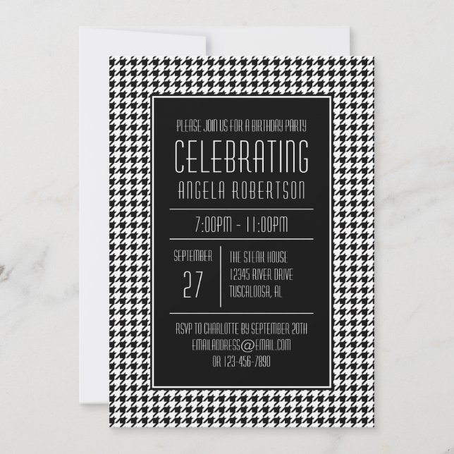 Invitación Cumpleaños de Houndstoth en blanco y negro (Anverso)