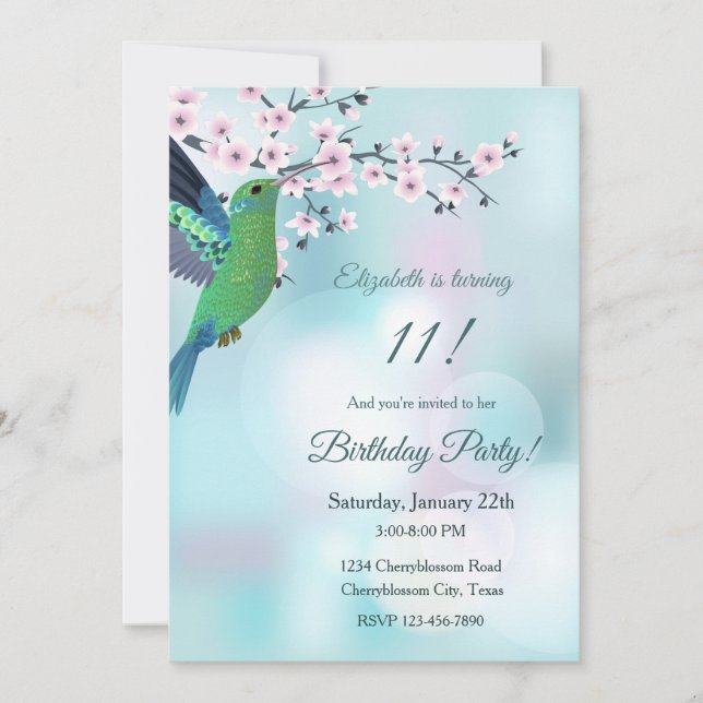 Invitación Cumpleaños de Hummingbird Cherry Blossom (Anverso)