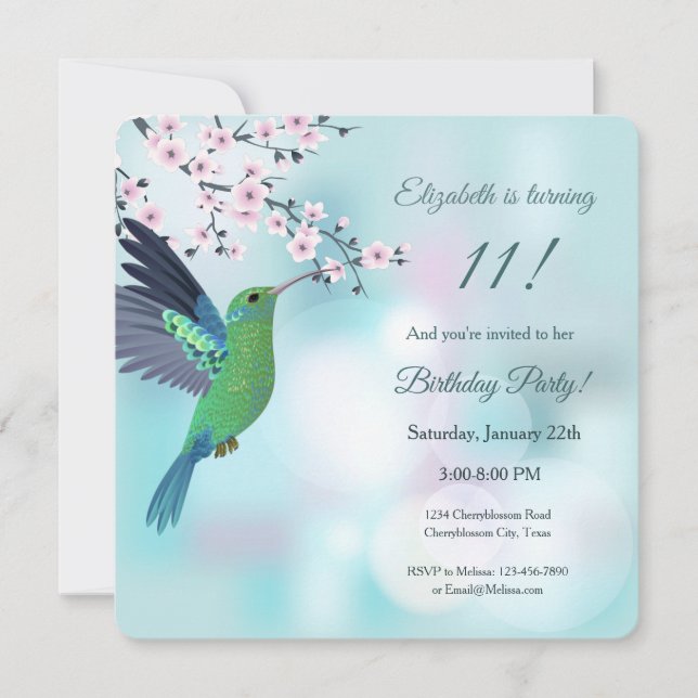 Invitación Cumpleaños de Hummingbird Cherry Blossom (Anverso)