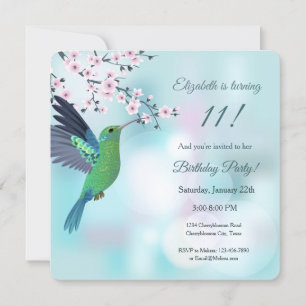 Invitación Cumpleaños de Hummingbird Cherry Blossom