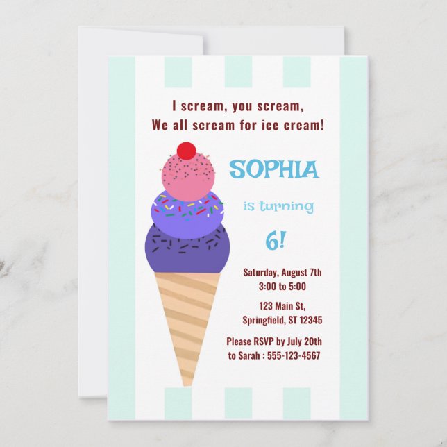 Invitación Cumpleaños de Ice Cream Cone (Anverso)