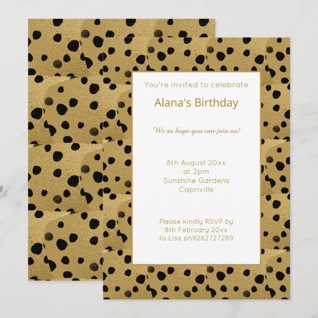 INVITACIÓN CUMPLEAÑOS DE IMPRESIÓN ANIMAL DE LEOPARDO NEGRO O (Anverso / Reverso)