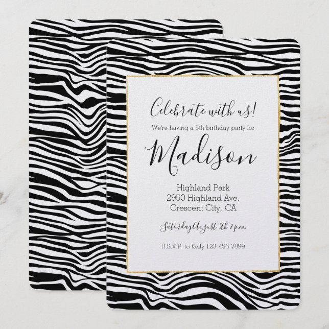 Invitación Cumpleaños de impresión de cebra blanca y negra (Anverso / Reverso)