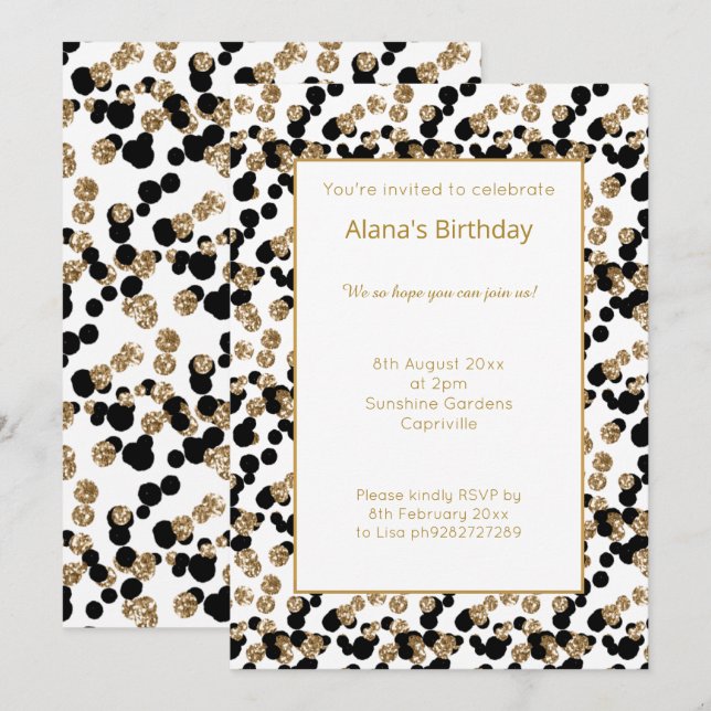 INVITACIÓN CUMPLEAÑOS DE IMPRESIÓN DE DIAMANTE BLANCO DE LEOP (Anverso / Reverso)