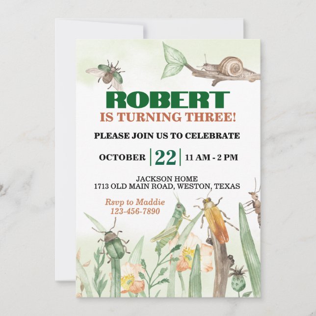 Invitación Cumpleaños de insectos lindos y caracoles (Anverso)