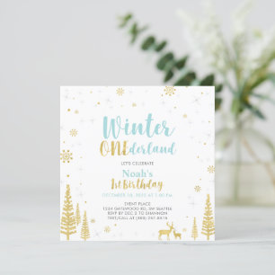 Invitación Cumpleaños de invierno azul y dorado Onederland 1e