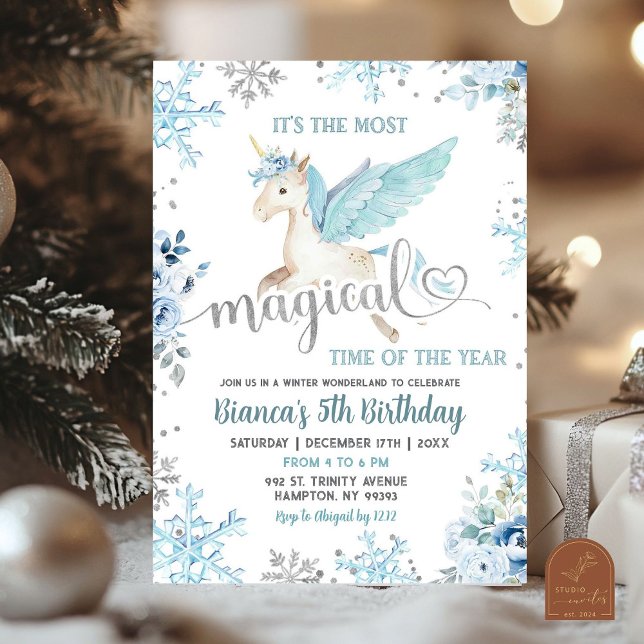 Invitación Cumpleaños de invierno Blue Snow Magical Unicorn (Subido por el creador)