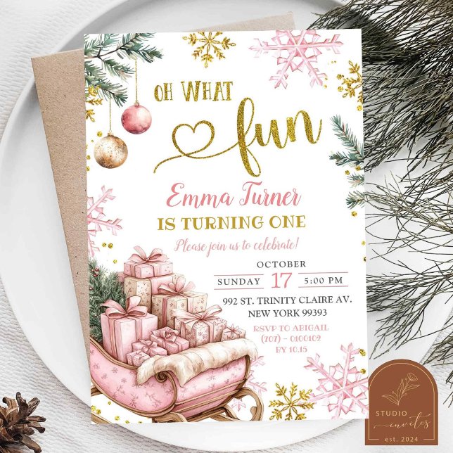 Invitación Cumpleaños de invierno con trineo rosa primero (Subido por el creador)