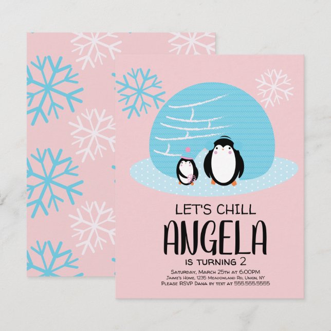 Invitación Cumpleaños de invierno copos de nieve iglú de ping (Anverso / Reverso)