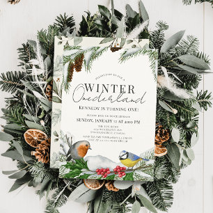 Invitación Cumpleaños de invierno Onederland pájaros y nieve