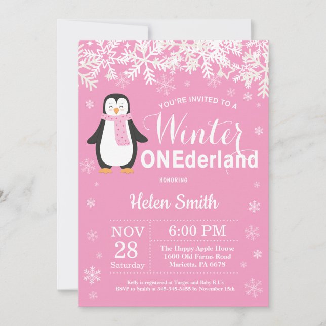 Invitación Cumpleaños de invierno Onederland Pingüino Niña 1e (Anverso)
