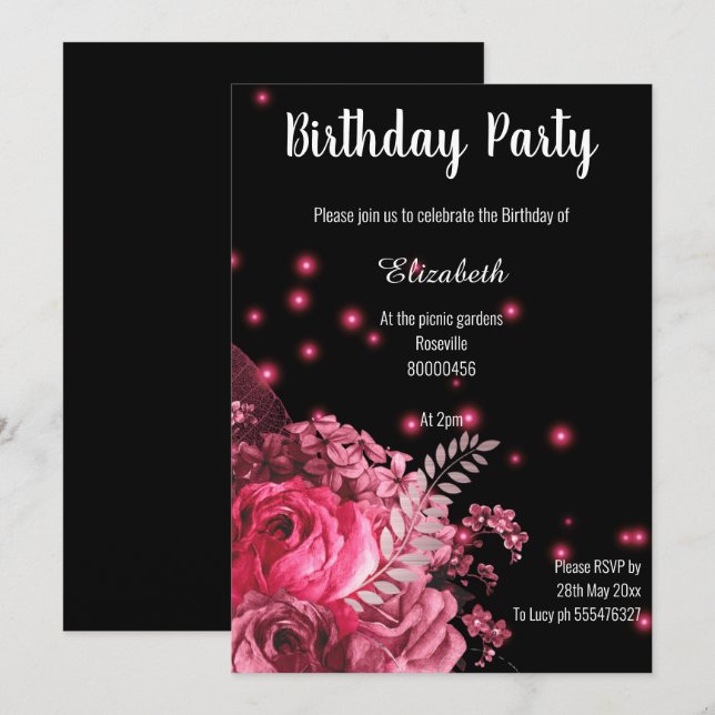 INVITACIÓN CUMPLEAÑOS DE JARDÍN DE FLORES NEGROS DE ROSA ELEG (Anverso / Reverso)