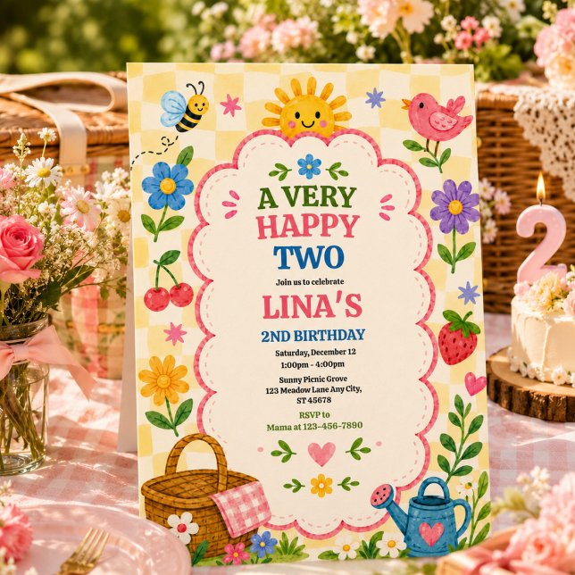 Invitación Cumpleaños de jardín soleado 2do Fiesta de picnic  (Sunny Garden 2nd Birthday Floral Picnic Party Invitation
)