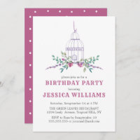 Cumpleaños de jaulas vacías y flores rosadas