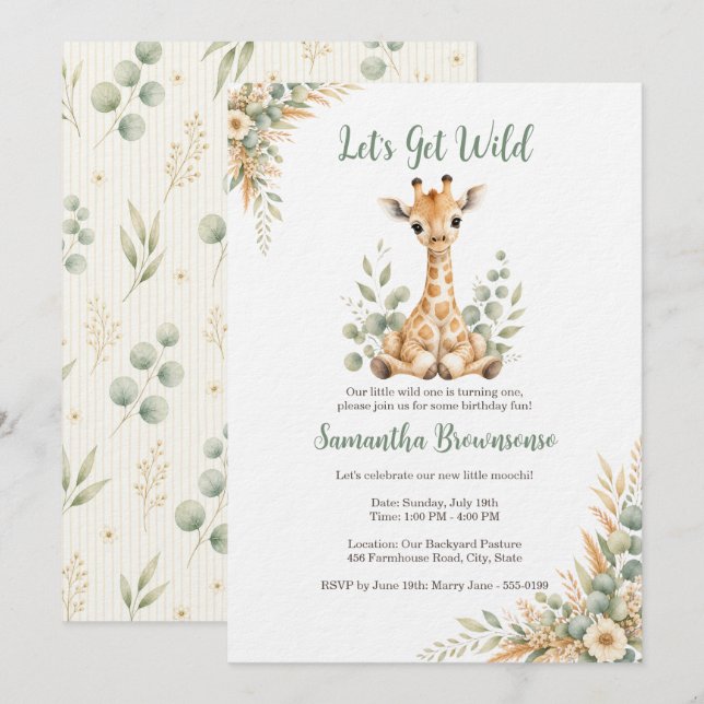 Invitación Cumpleaños de jirafa adorable (Anverso / Reverso)