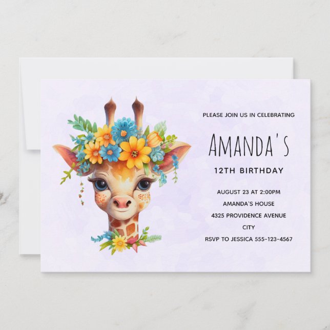 Invitación Cumpleaños de jirafa linda con corona floral (Anverso)