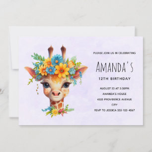 Invitación Cumpleaños de jirafa linda con corona floral