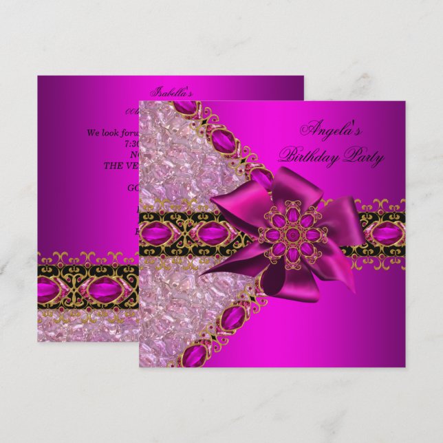 Invitación Cumpleaños de joya rosa fucsia brillo 2 (Anverso / Reverso)