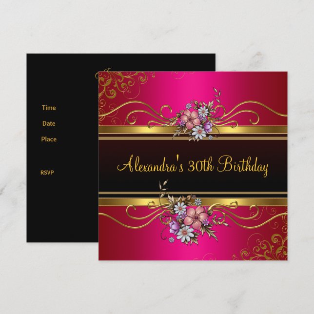 Invitación Cumpleaños de joyas de oro rosa fucsia floral eleg (Anverso / Reverso)
