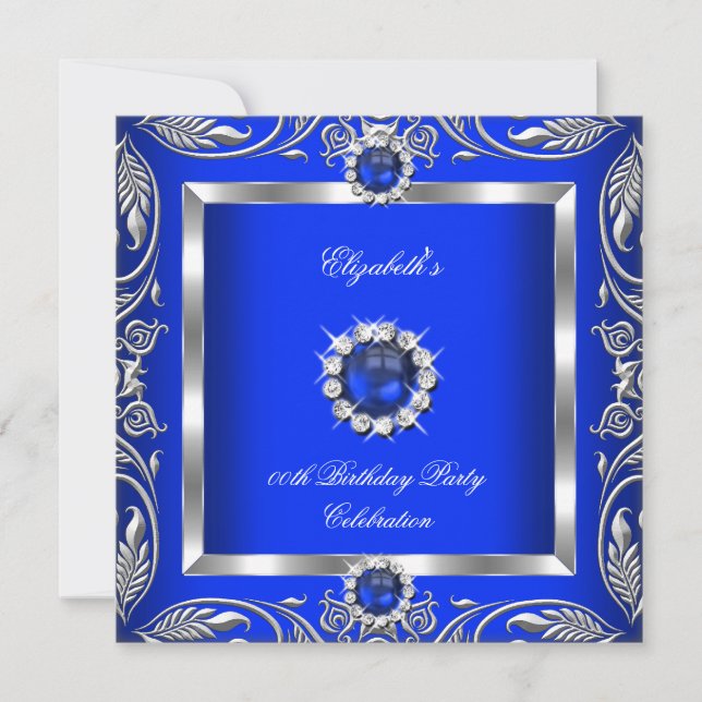 Invitación Cumpleaños de joyas de perla floral plateada azul  (Anverso)
