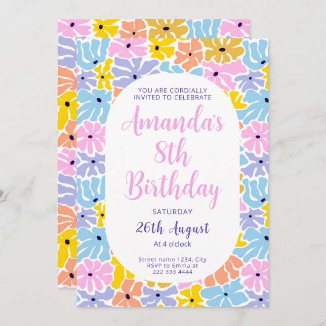 Invitación Cumpleaños de Joyous Flower Fiesta (Anverso / Reverso)