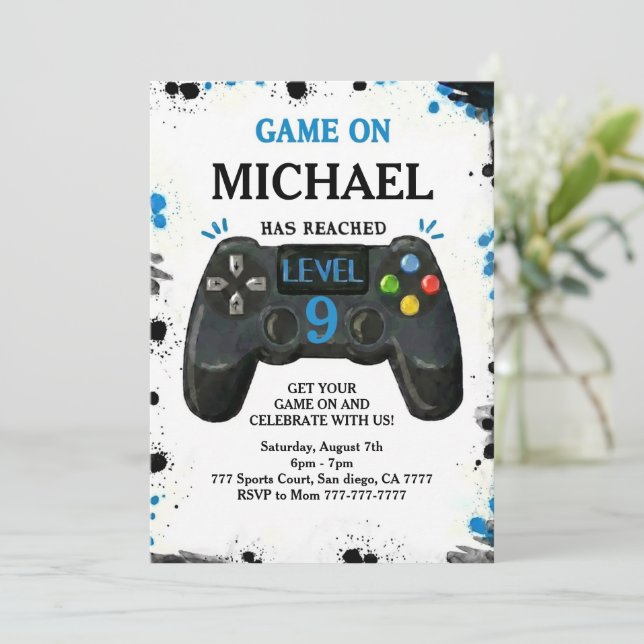 Invitación Cumpleaños de jugador sube de nivel de videojuego (Anverso de pie)