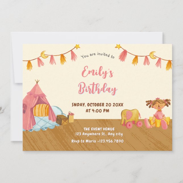 Invitación cumpleaños de juguetes de madera (Anverso)