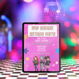 Invitación Cumpleaños de karaoke de KPOP, estrellas rosadas