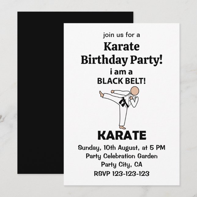 Invitación Cumpleaños de Karate Soy un cinturón negro de Kara (Anverso / Reverso)