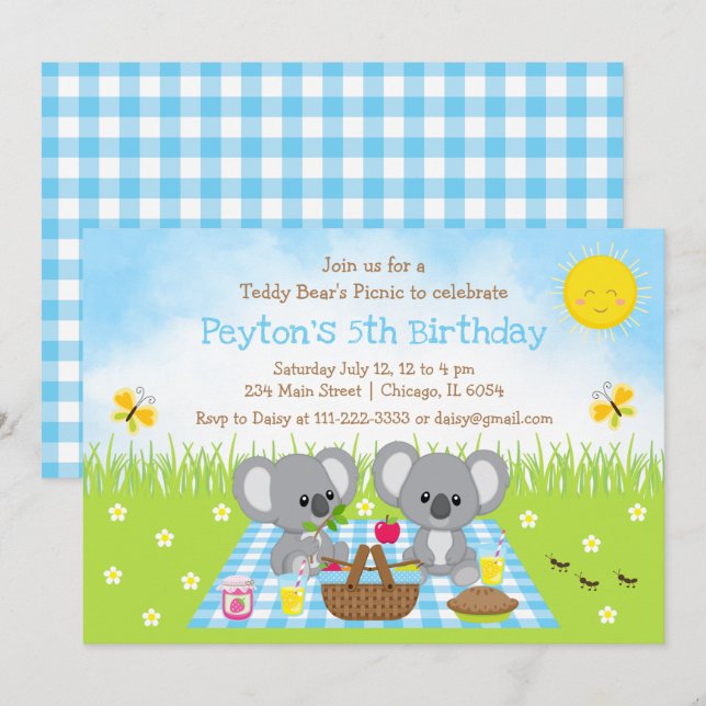 Invitación Cumpleaños de Koala Bear en el Picnic Blue Gingham (Anverso / Reverso)