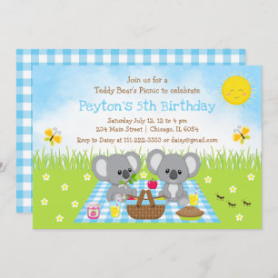 Invitación Cumpleaños de Koala Bear en el Picnic Blue Gingham