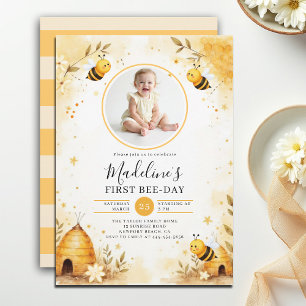 Invitación Cumpleaños de la Abeja de Miel Acuarela Floral Fot