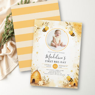Invitación Cumpleaños de la Abeja de Miel Acuarela Floral Fot