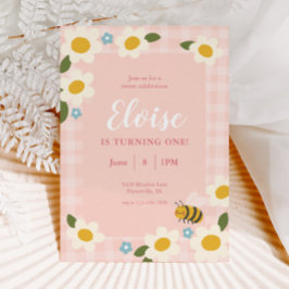 Invitación Cumpleaños de la abeja y las margaritas de Gingham