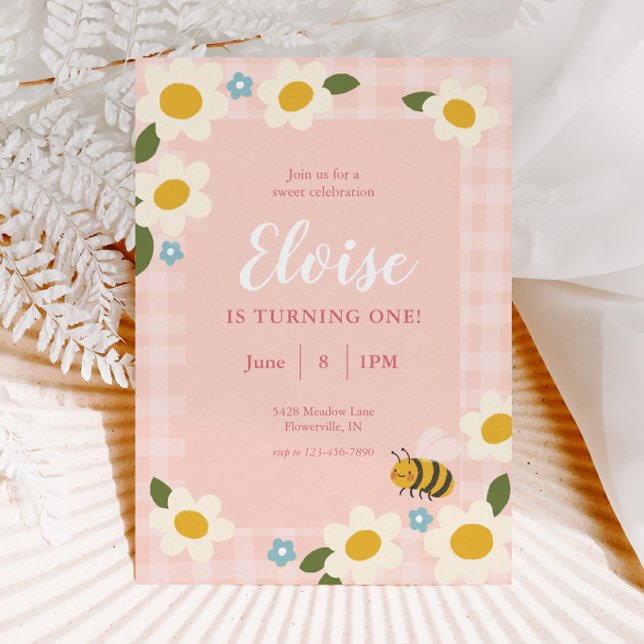 Invitación Cumpleaños de la abeja y las margaritas de Gingham (Subido por el creador)