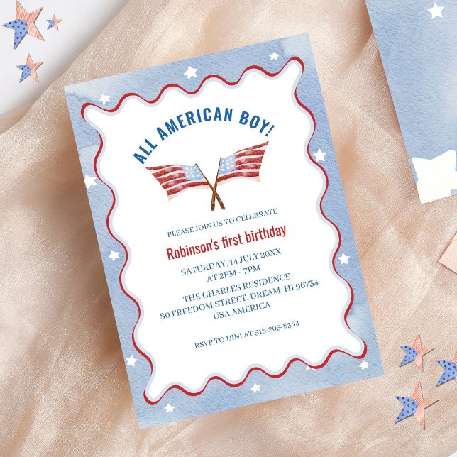 Invitación Cumpleaños de la acuarela de All American Boy 4 de (Subido por el creador)