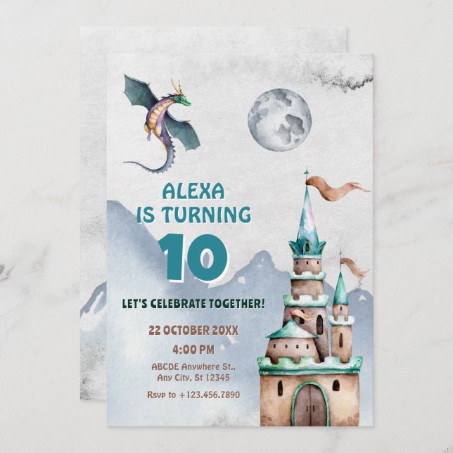 Invitación Cumpleaños de la acuarela del castillo de Dragon (Anverso / Reverso)