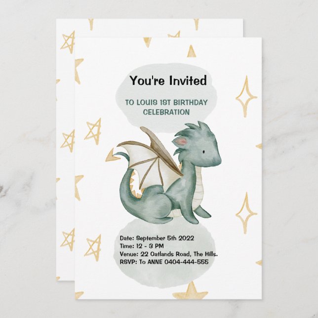Invitación cumpleaños de la acuarela del dragón (Anverso / Reverso)