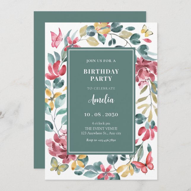 Invitación Cumpleaños de la acuarela floral (Anverso / Reverso)