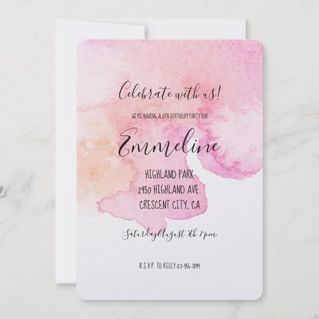 Invitación Cumpleaños de la acuarela rosa bonito (Anverso)