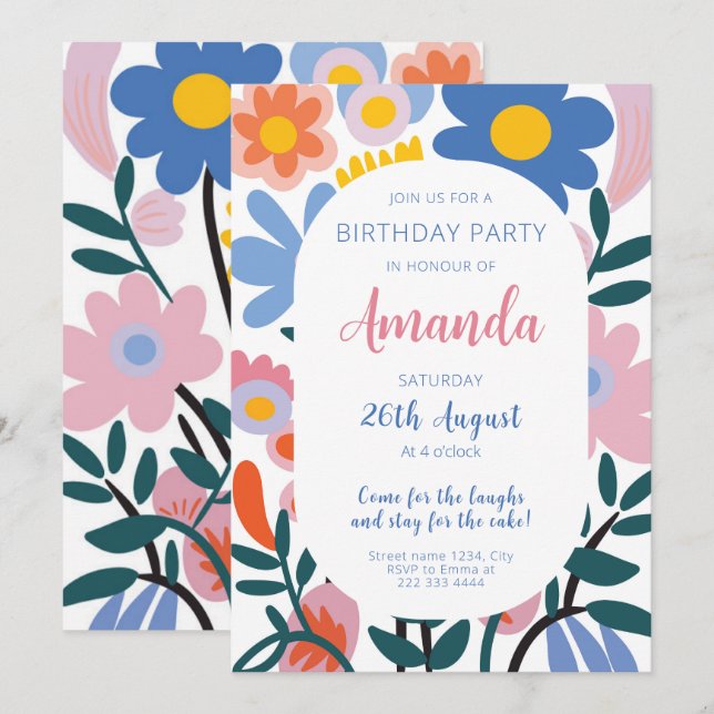 Invitación Cumpleaños de la Alegría Floral Radiante (Anverso / Reverso)
