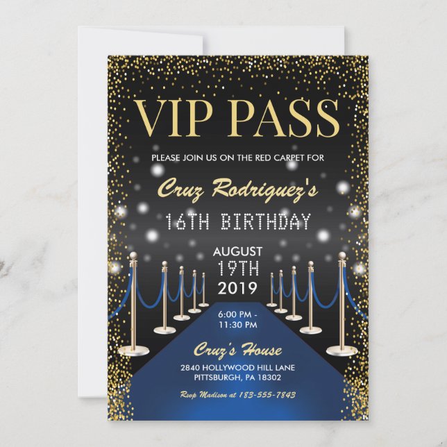 Invitación Cumpleaños de la Alfombra Roja Azul de Hollywood (Anverso)